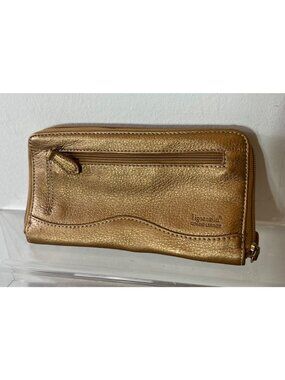 Tignanello Gold Leather Wallet Zippered Compartments Card Slots